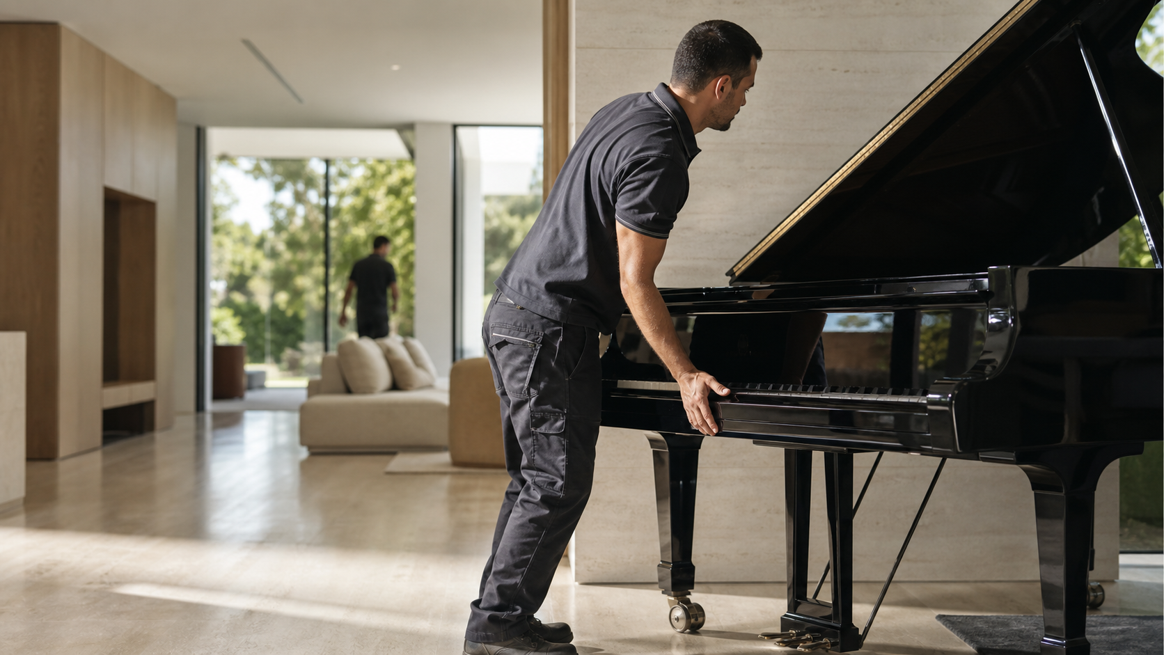 A specialist carefully moving a grand piano in a sunlit home