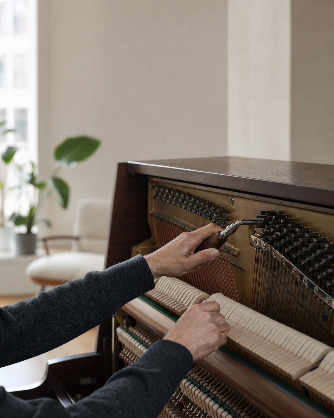 A piano tuner working inside an upright piano